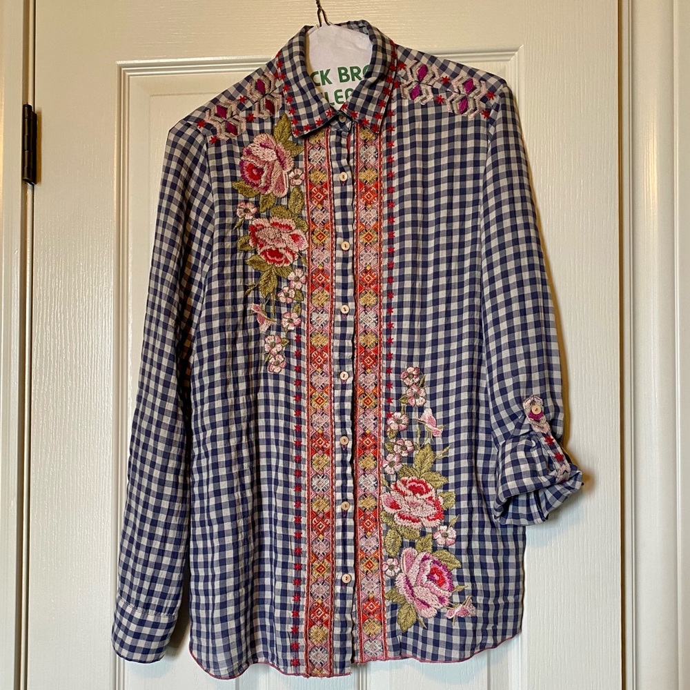 Johnny Was Gingham Button Up Embroidered Shirt
